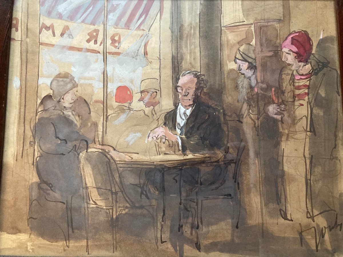 Gouache Around 1920. Interior Of Lively Parisian Café. Illegible Signature.-photo-2