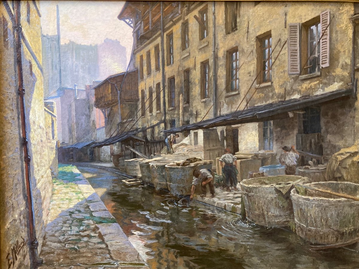 Tanneries Sur La Bievre Aux Gobelins à Paris. Ernest Millard. (1872-1946 ). école Française.-photo-2