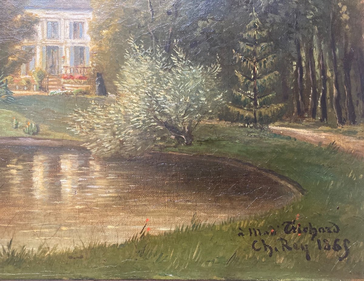 La Maison Dans Le Parc. Ch. Rey 1865. Huile Sur Toile.-photo-3