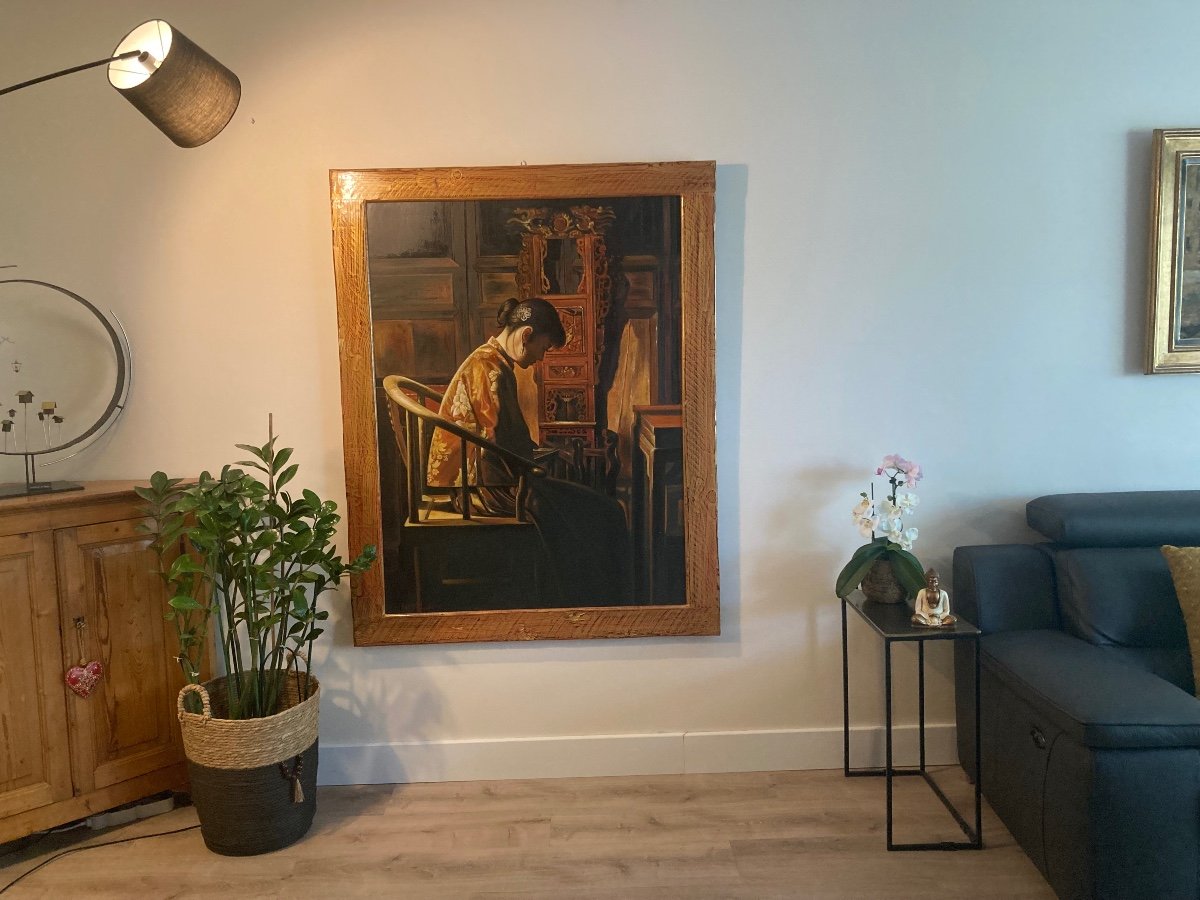 Large Canvas. Portrait Of Asian Woman In An Interior. Signed R. Khymarn. Twentieth Century.-photo-6