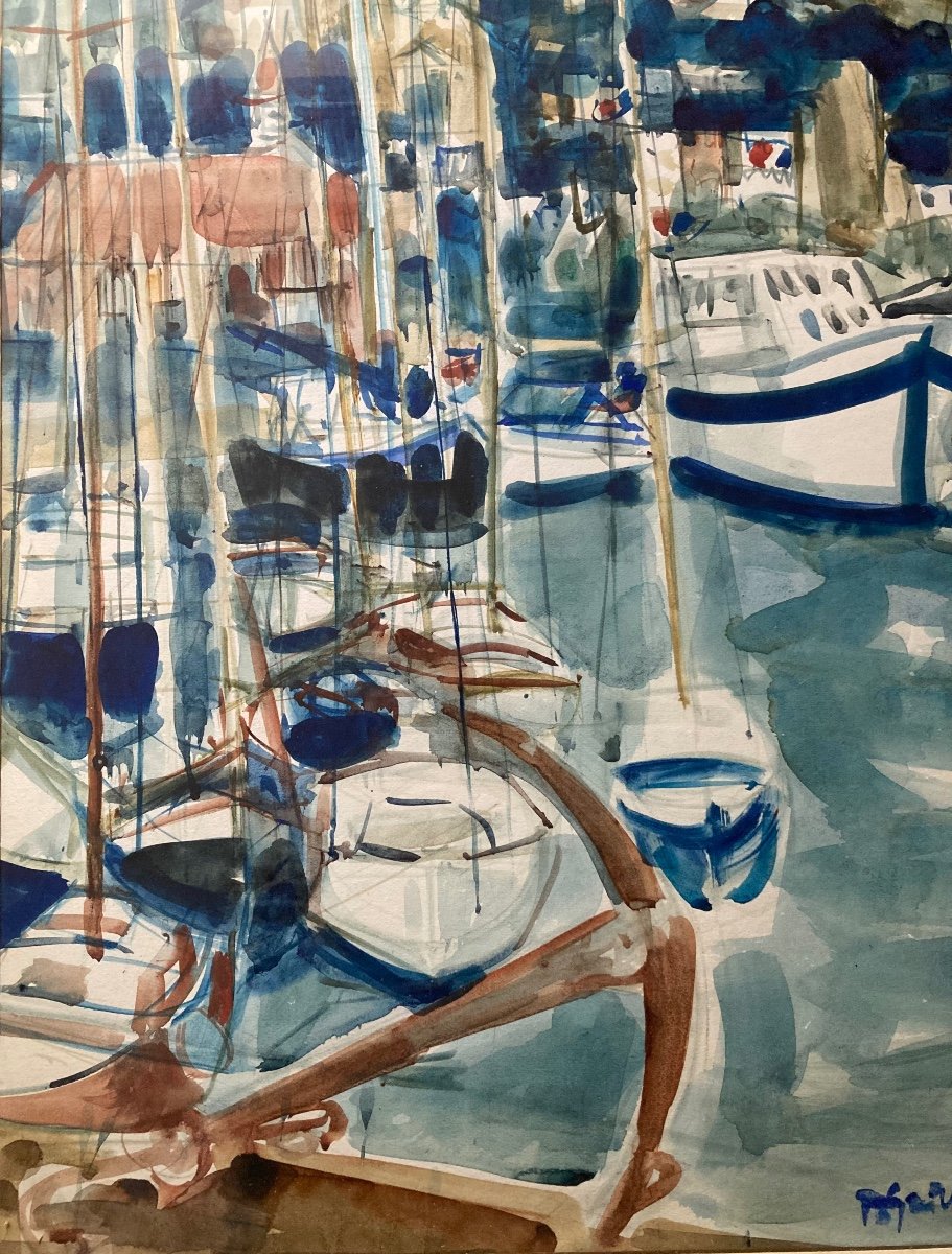 The Port Of Deauville. Pierre Gaillardot. (1910-2002). Watercolor.-photo-4