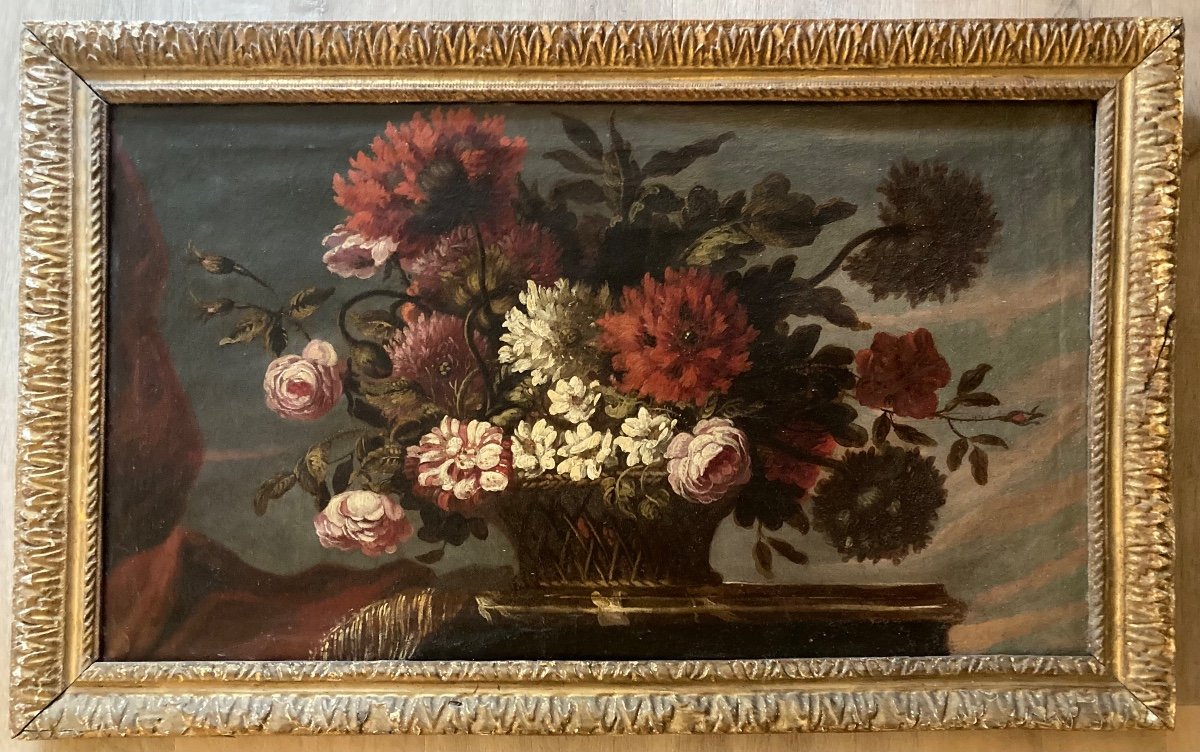 Large Floral Arrangement On An Entablature. French School From The Beginning Of The 18th Century.