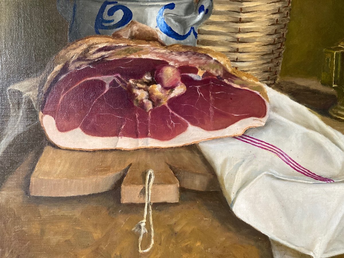 Still Life With Ham. Signature To Be Identified. Twentieth Century.-photo-3