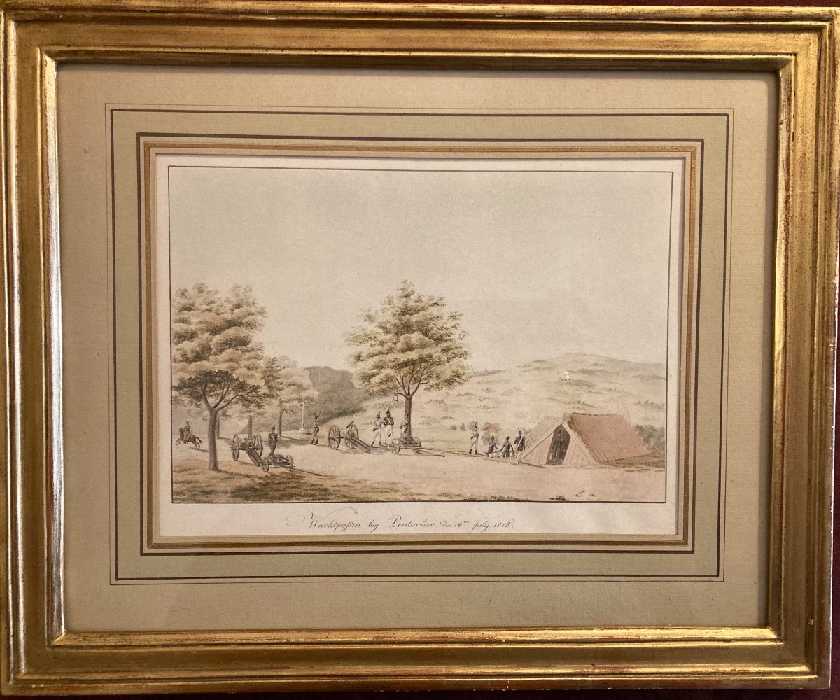 Postes De Garde à Pontarlier, 16 Juillet 1815. Aquarelle Et Légers Réhaus De Gouache Blanche.