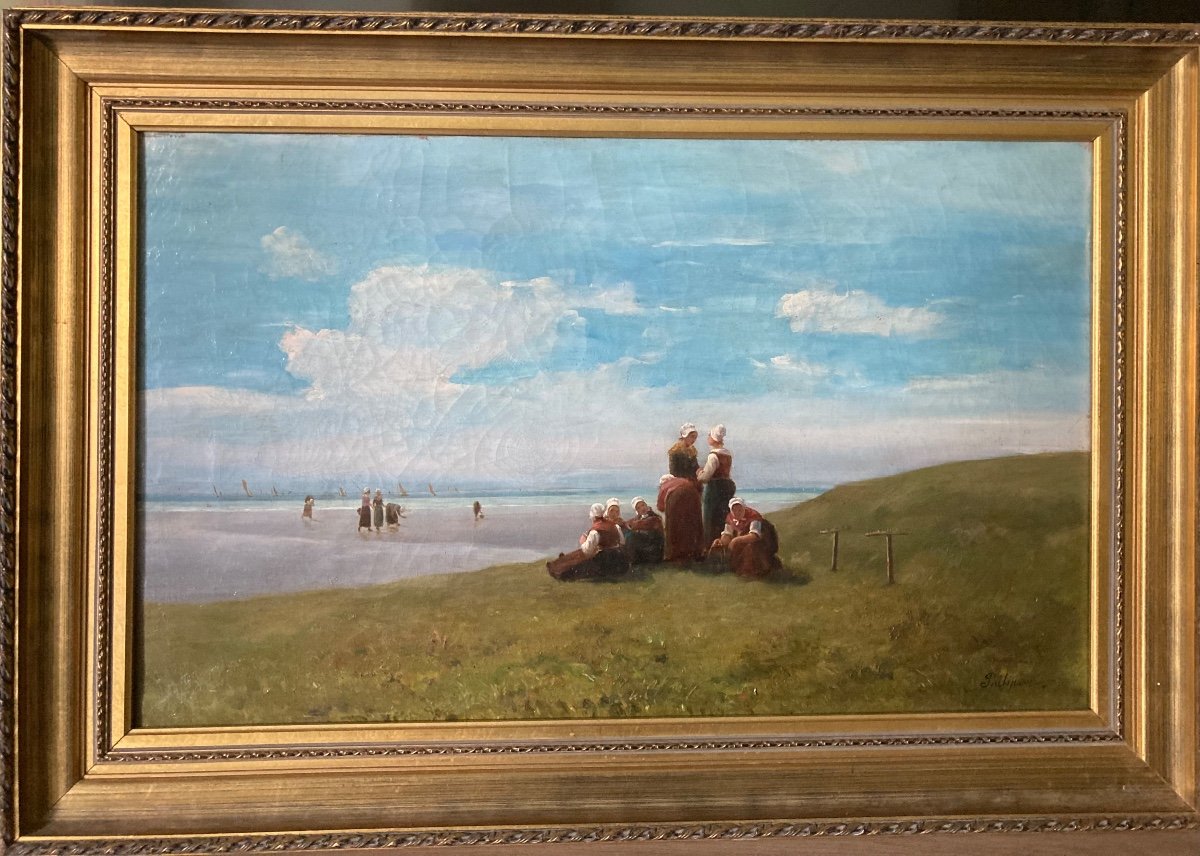 Fishing On Foot. 19th Century Canvas. Signed.-photo-2