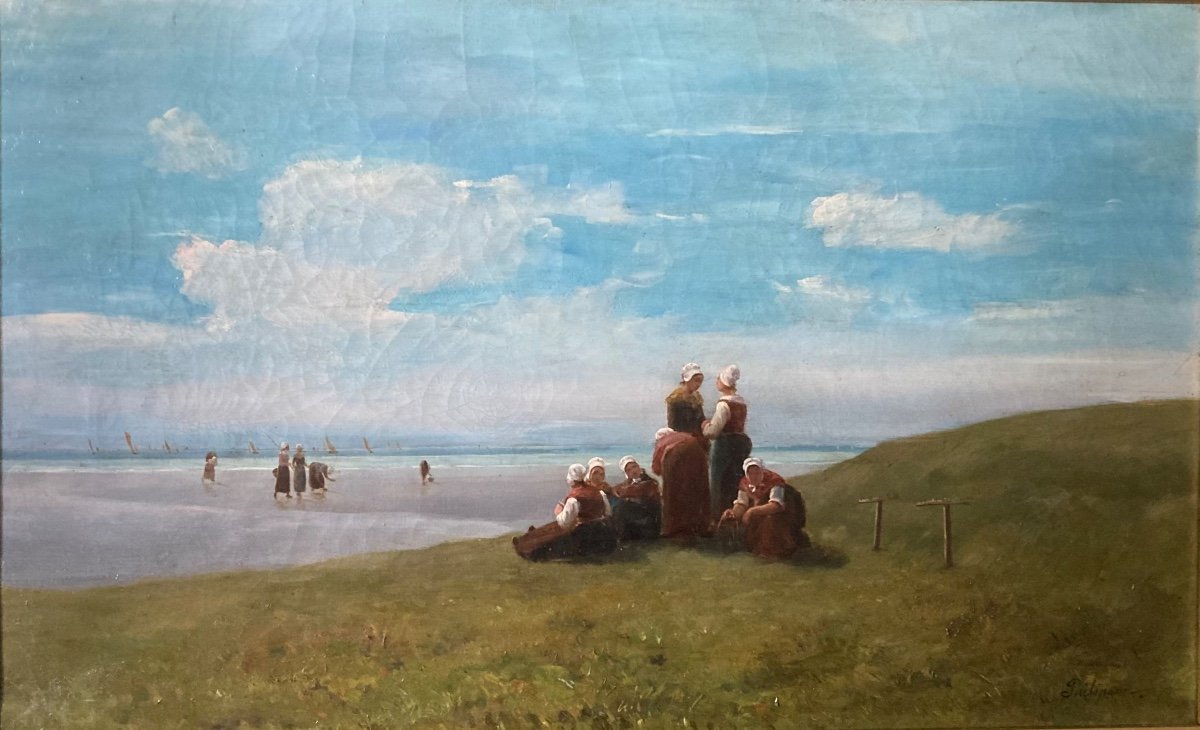 Fishing On Foot. 19th Century Canvas. Signed.