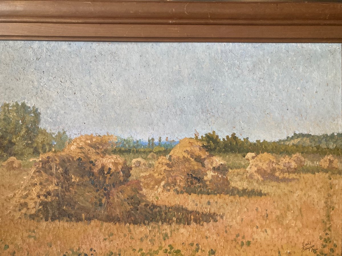 Les Foins. Huile Sur Panneau . école Pointilliste Signée De Louis Bougues Et Daté 1926.-photo-4