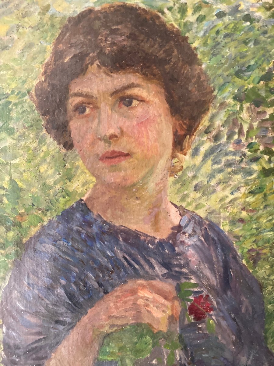 Portrait de jeune femme  Femme  dans un Jardin. école Pointilliste Du Début Du XXème Siècle.-photo-2