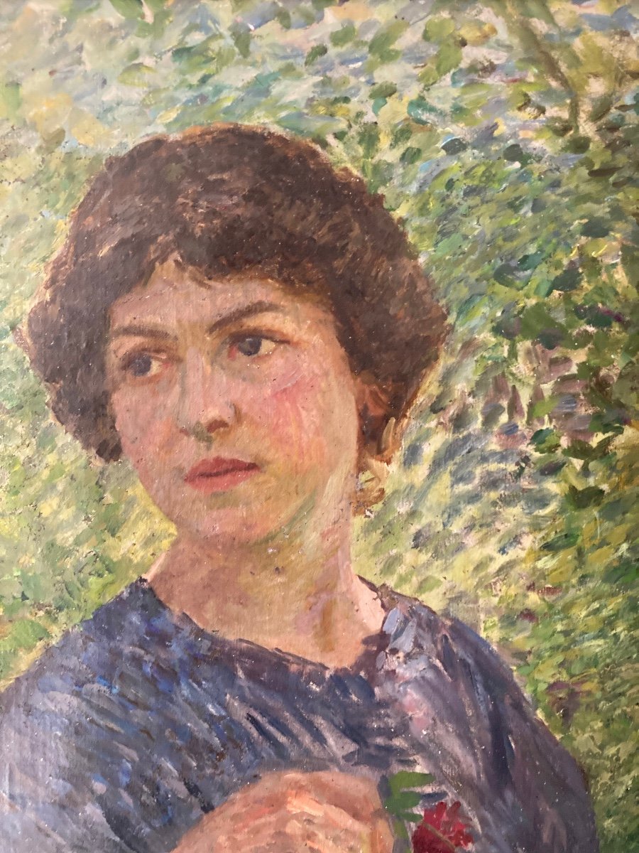 Portrait de jeune femme  Femme  dans un Jardin. école Pointilliste Du Début Du XXème Siècle.-photo-2