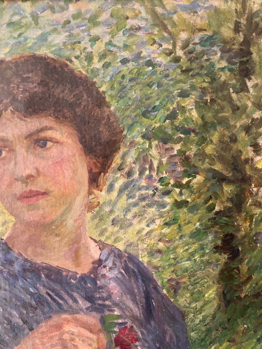 Portrait de jeune femme  Femme  dans un Jardin. école Pointilliste Du Début Du XXème Siècle.-photo-3