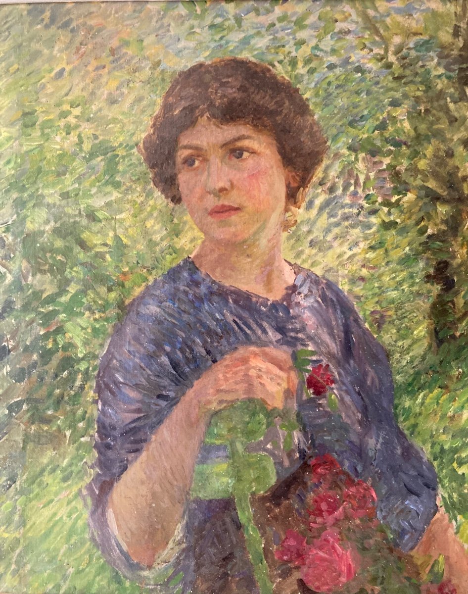 Portrait de jeune femme  Femme  dans un Jardin. école Pointilliste Du Début Du XXème Siècle.-photo-4