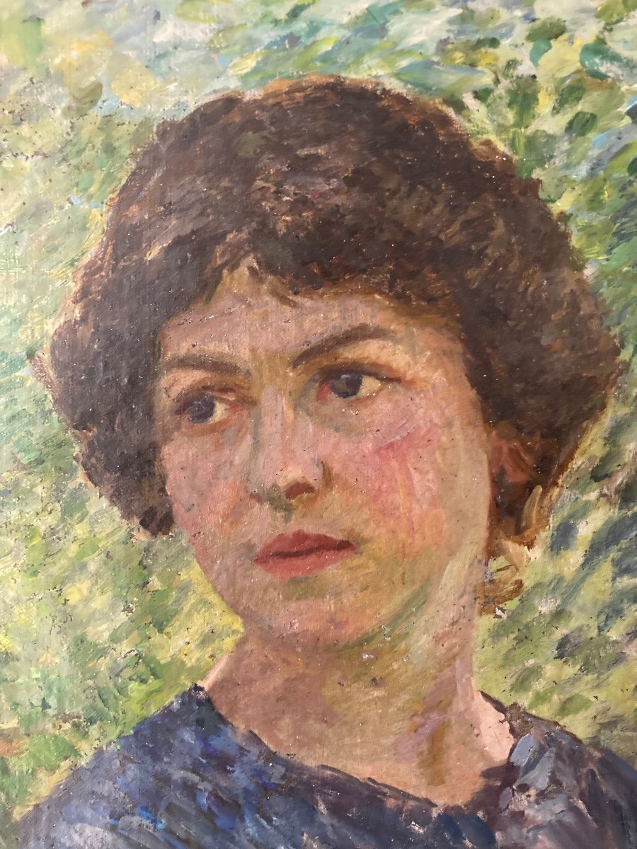 Portrait de jeune femme  Femme  dans un Jardin. école Pointilliste Du Début Du XXème Siècle.-photo-5