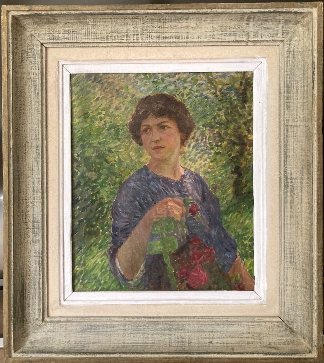 Portrait de jeune femme  Femme  dans un Jardin. école Pointilliste Du Début Du XXème Siècle.-photo-7