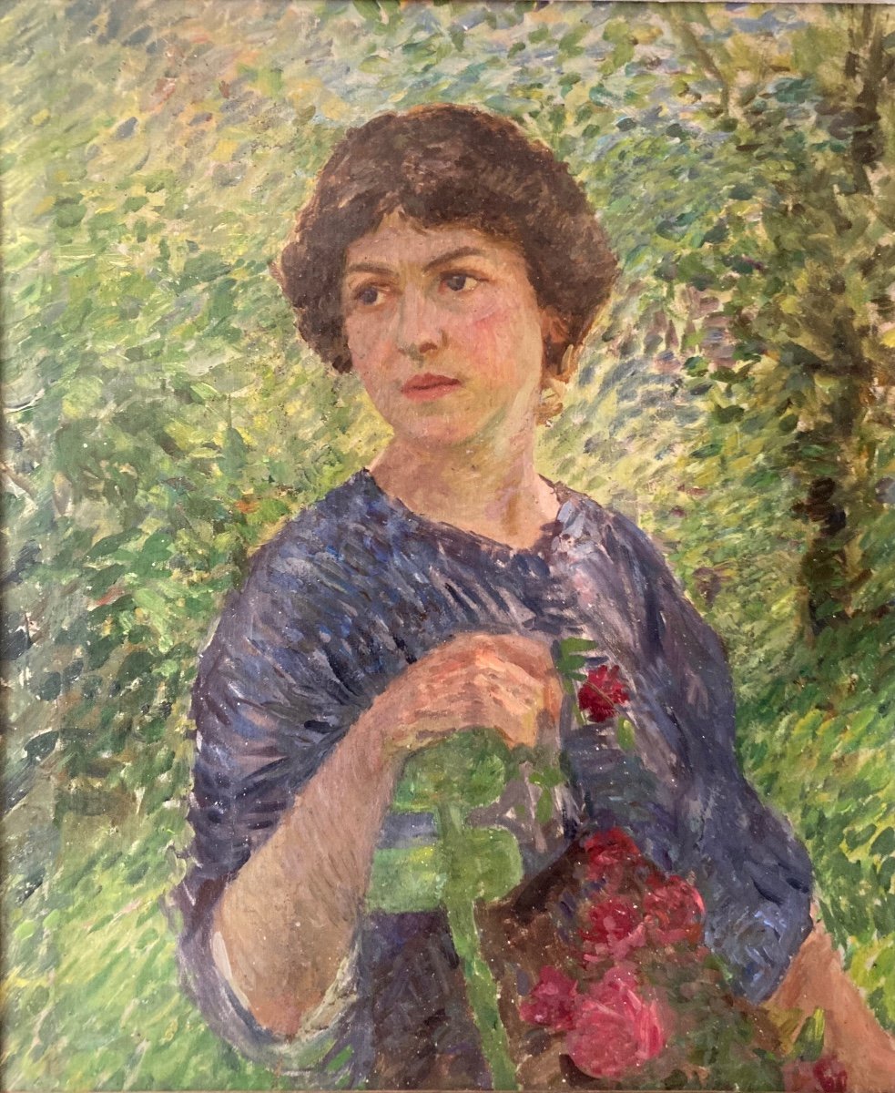 Portrait de jeune femme  Femme  dans un Jardin. école Pointilliste Du Début Du XXème Siècle.