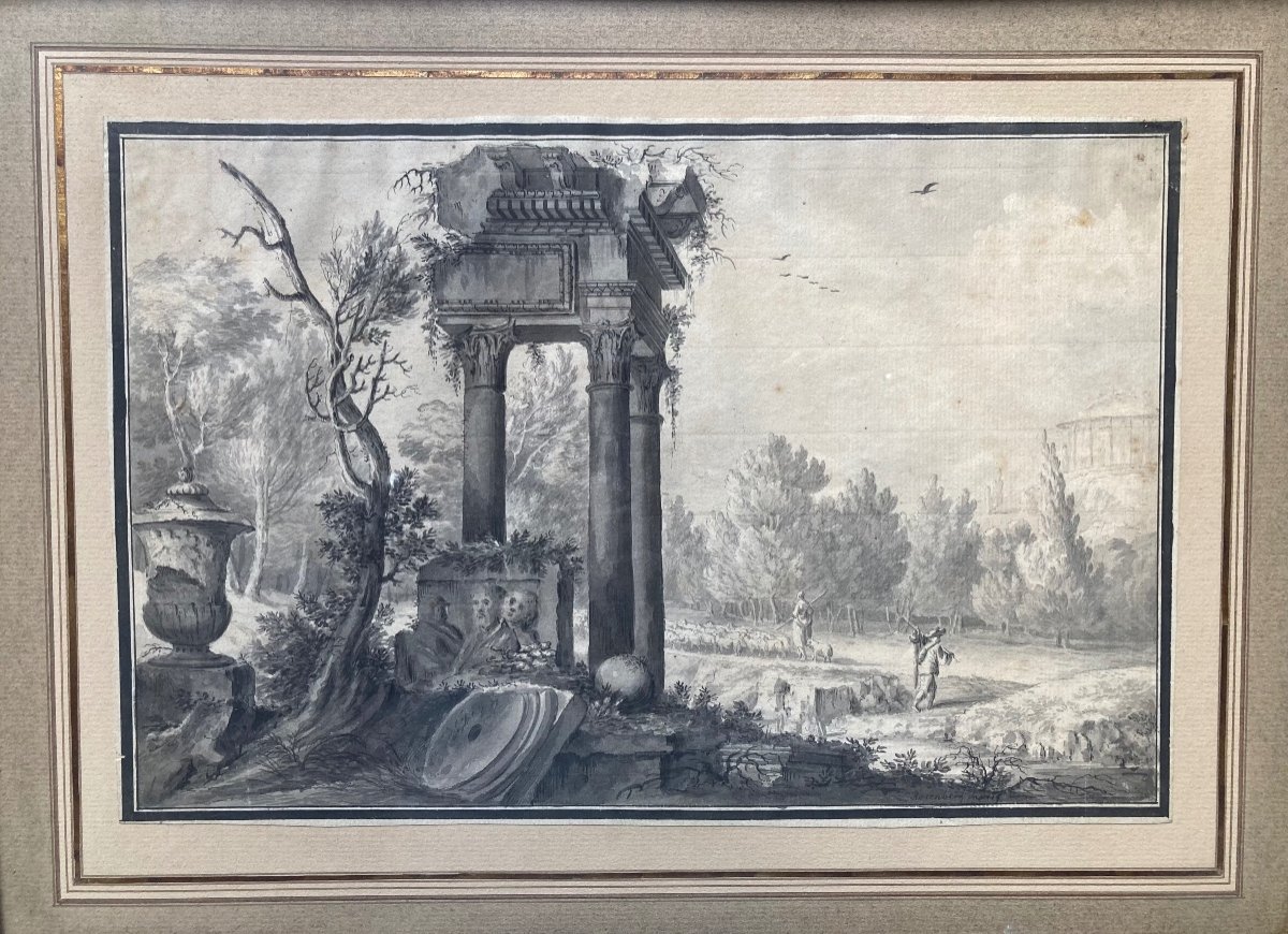 18th Century Pen And Black Ink Wash. Signed Lower Right Rosenberg.-photo-2