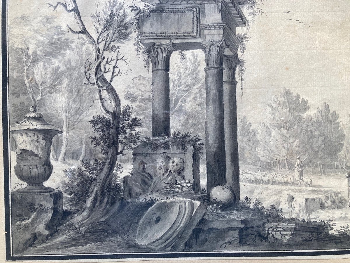 18th Century Pen And Black Ink Wash. Signed Lower Right Rosenberg.-photo-3