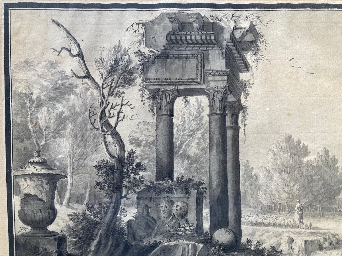 18th Century Pen And Black Ink Wash. Signed Lower Right Rosenberg.-photo-2