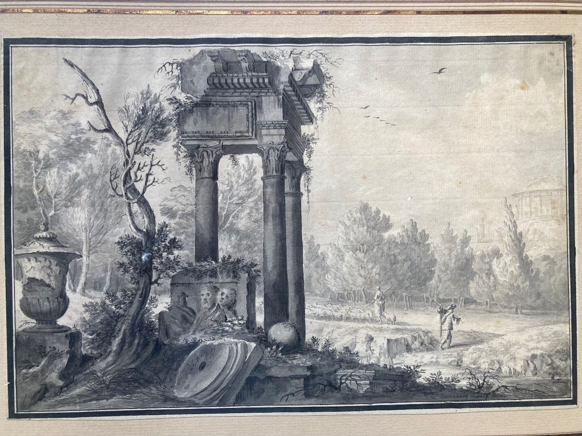 18th Century Pen And Black Ink Wash. Signed Lower Right Rosenberg.-photo-3