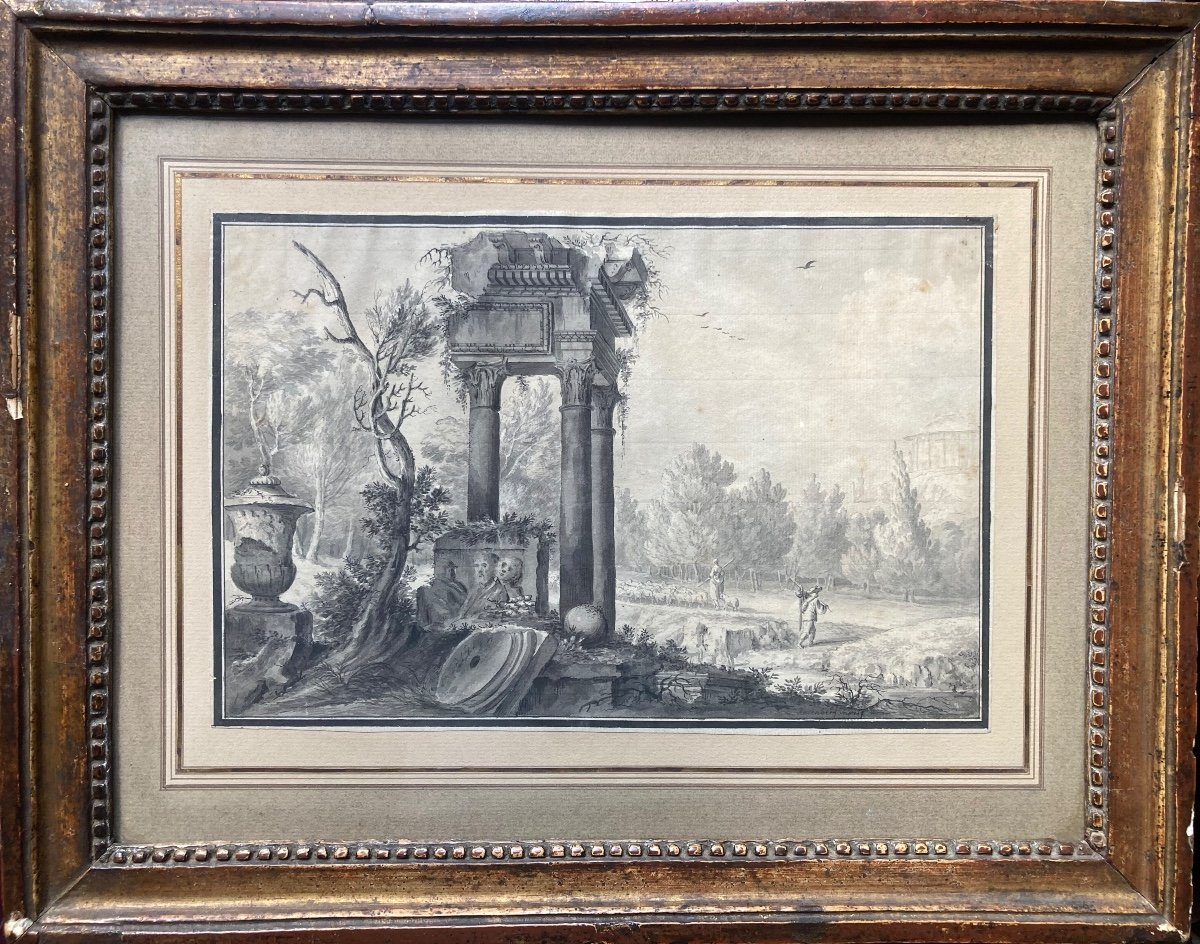 18th Century Pen And Black Ink Wash. Signed Lower Right Rosenberg.