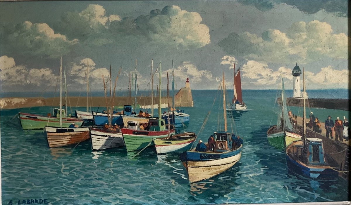 Busy Port In Brittany. André Lagarde. 20th Century.