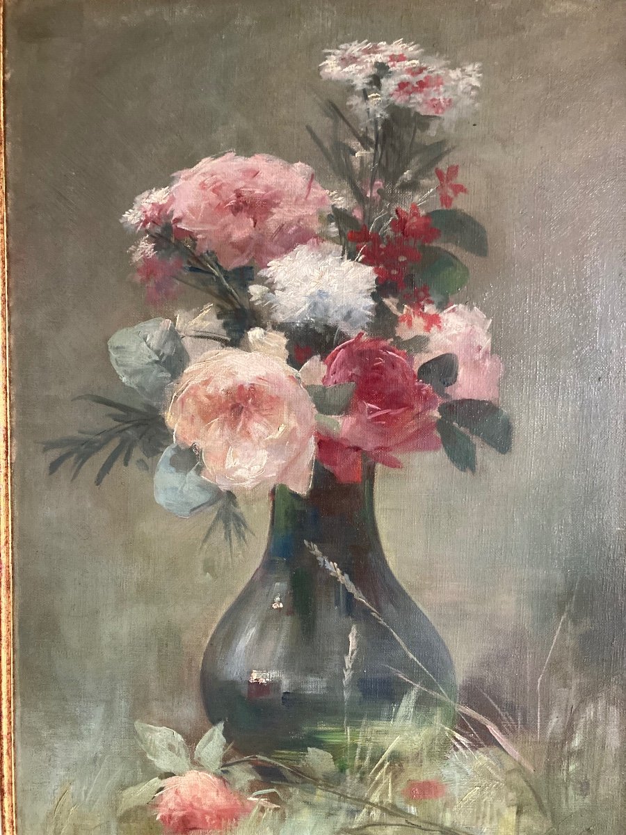 Délicat Bouquet De Fleurs XIXeme Siècle. Huile Sur Toile De P.t. Poirier-photo-2