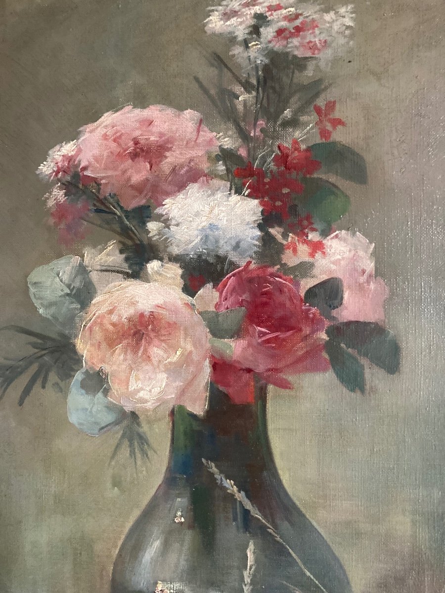 Délicat Bouquet De Fleurs XIXeme Siècle. Huile Sur Toile De P.t. Poirier-photo-3