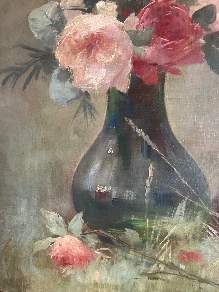 Délicat Bouquet De Fleurs XIXeme Siècle. Huile Sur Toile De P.t. Poirier-photo-4