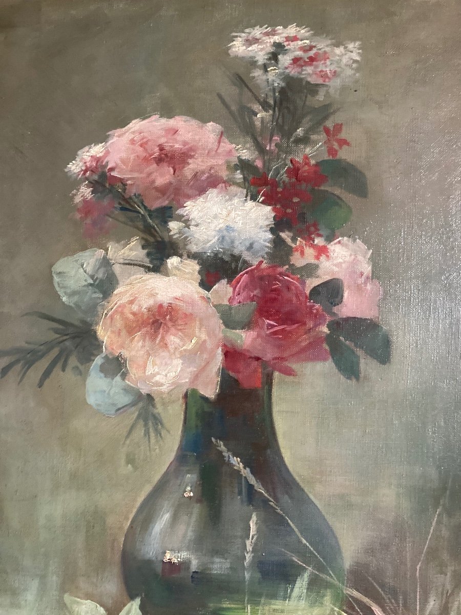 Délicat Bouquet De Fleurs XIXeme Siècle. Huile Sur Toile De P.t. Poirier-photo-3