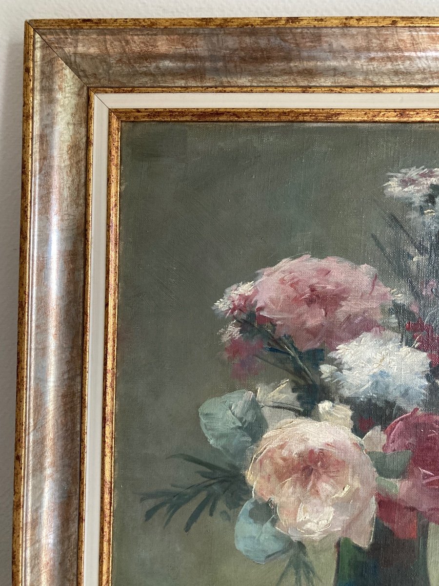 Délicat Bouquet De Fleurs XIXeme Siècle. Huile Sur Toile De P.t. Poirier-photo-4