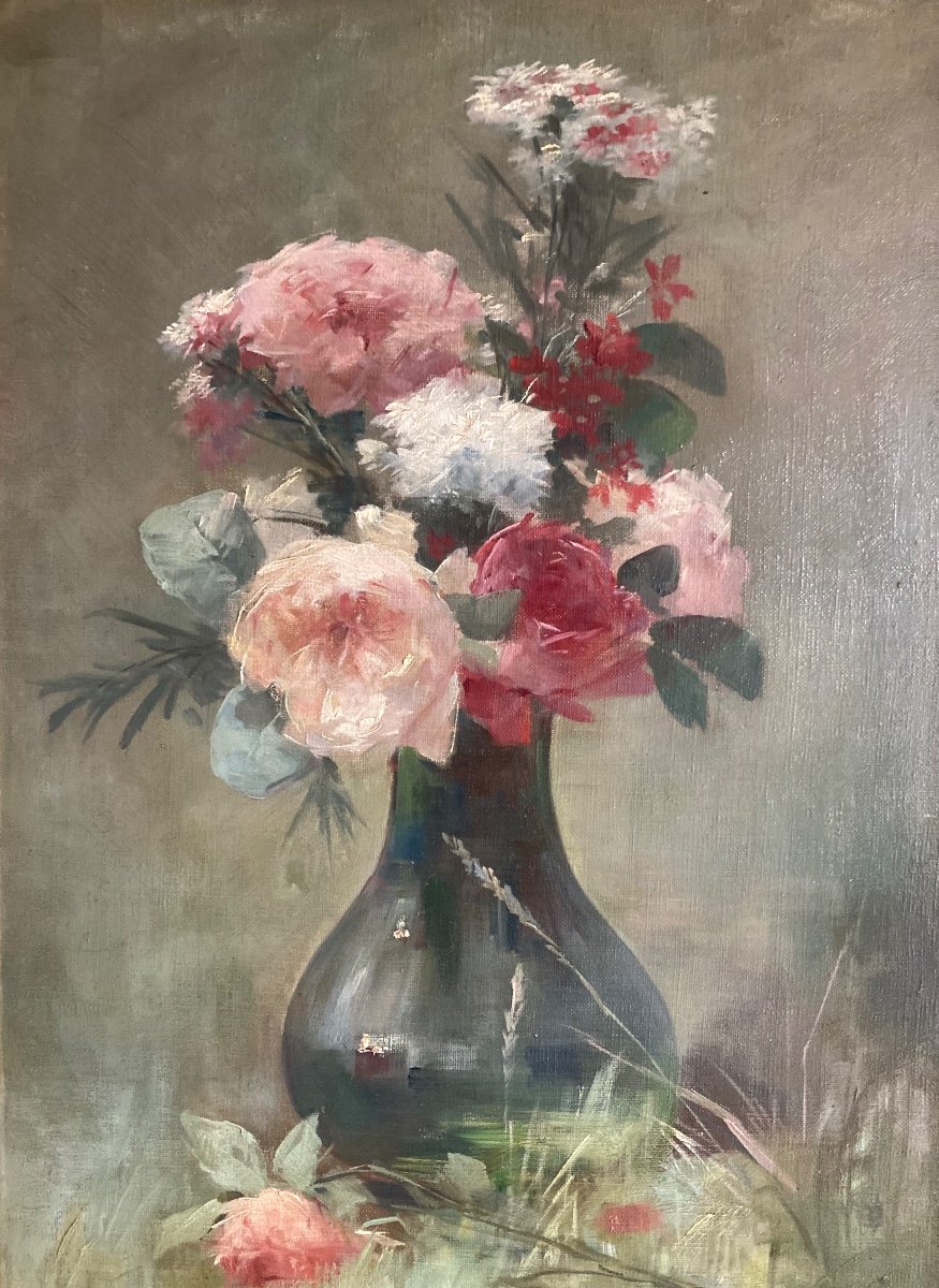 Délicat Bouquet De Fleurs XIXeme Siècle. Huile Sur Toile De P.t. Poirier-photo-6