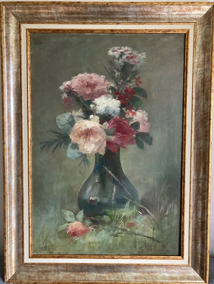 Délicat Bouquet De Fleurs XIXeme Siècle. Huile Sur Toile De P.t. Poirier-photo-7