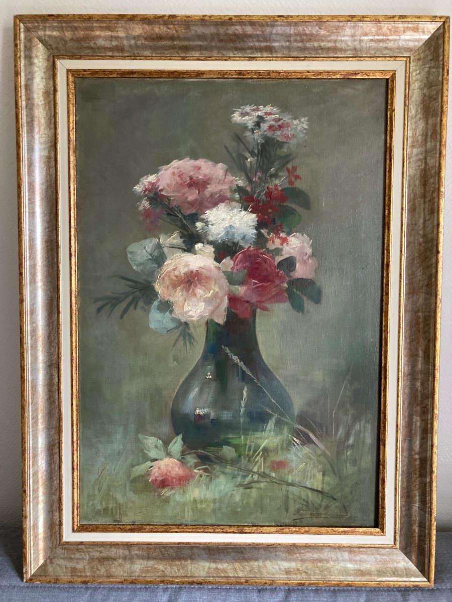 Délicat Bouquet De Fleurs XIXeme Siècle. Huile Sur Toile De P.t. Poirier