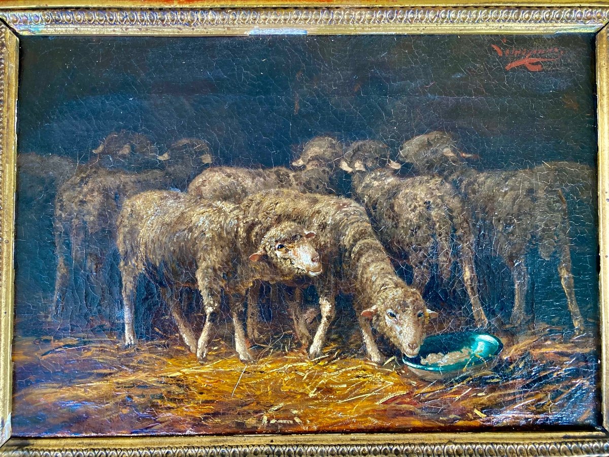 Moutons Dans La Bergerie. Toile Du XIXe Siècle. Signée. ( Illisible ).-photo-5