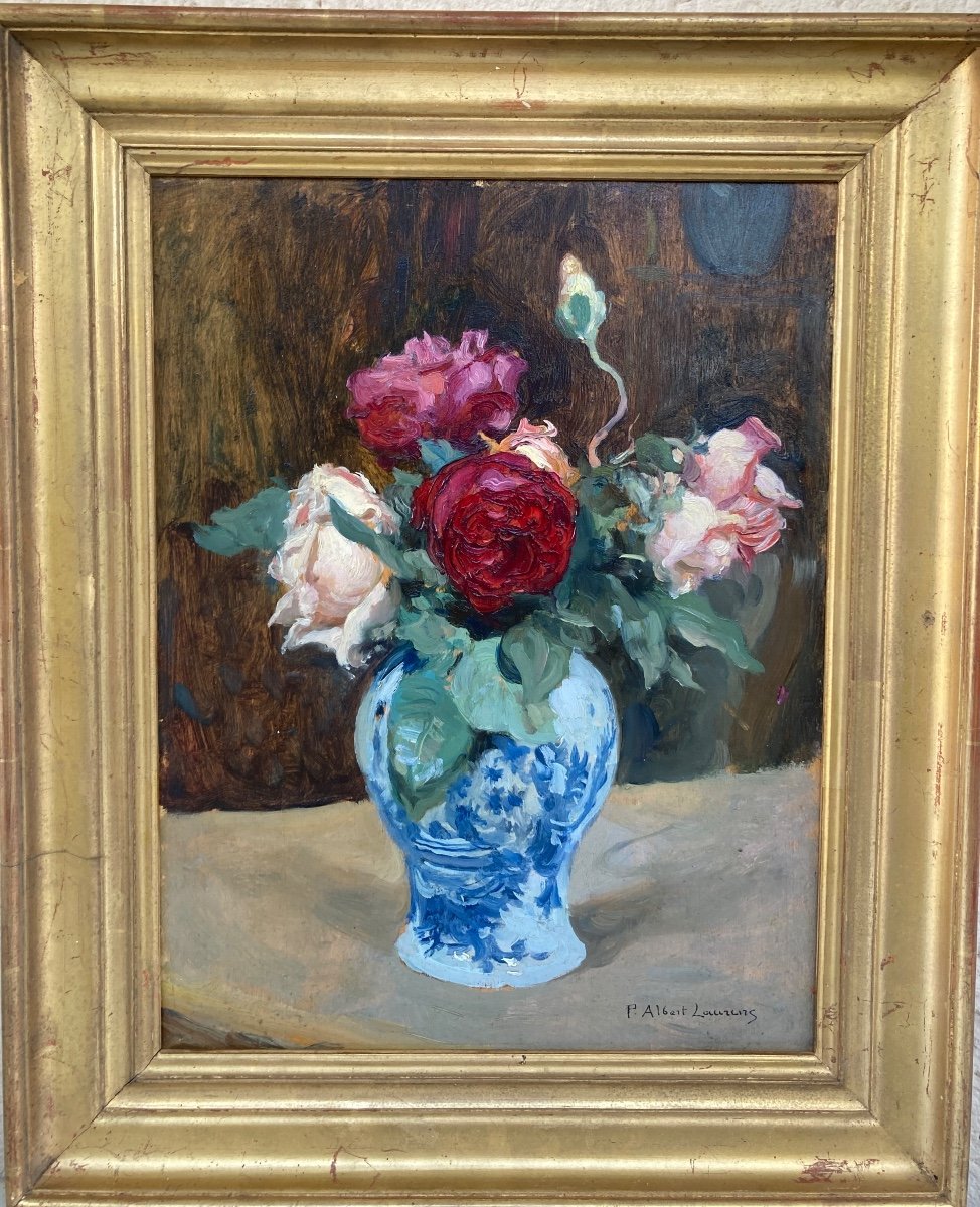 Paul Albert Laurens. Bouquet Of Roses In A Delft Earthenware.-photo-2