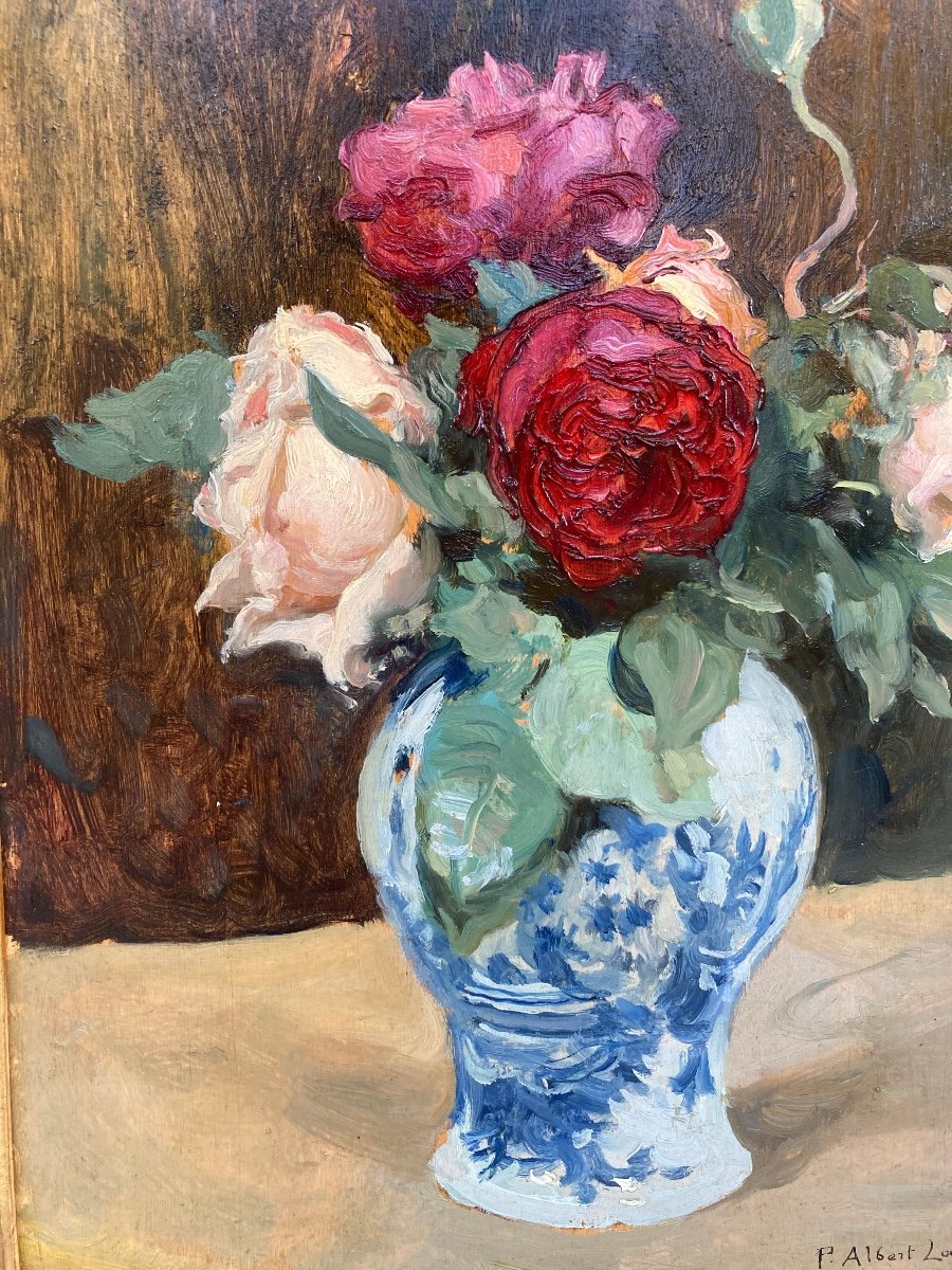 Paul Albert Laurens. Bouquet Of Roses In A Delft Earthenware.-photo-2