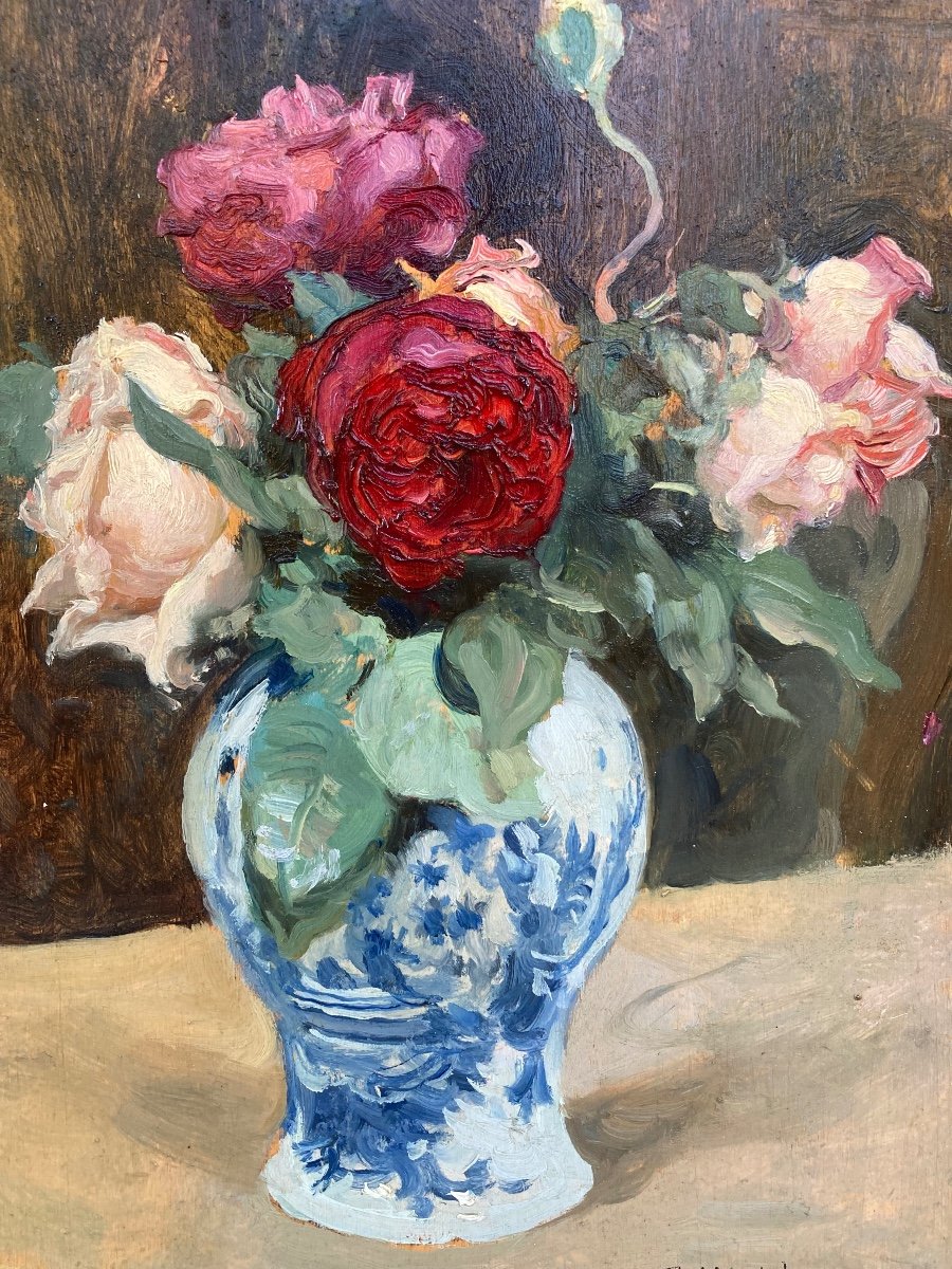 Paul Albert Laurens. Bouquet Of Roses In A Delft Earthenware.-photo-3