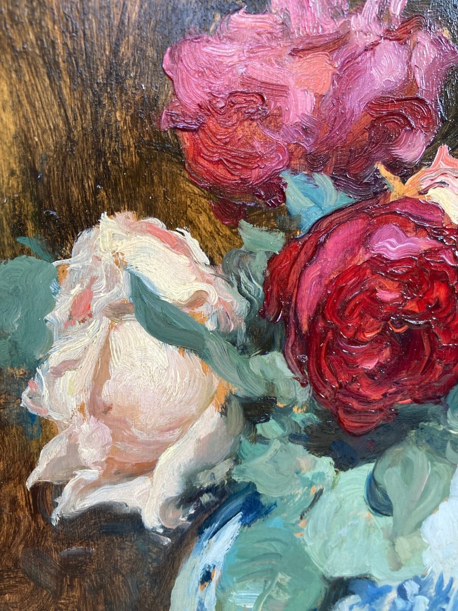 Paul Albert Laurens. Bouquet Of Roses In A Delft Earthenware.-photo-4