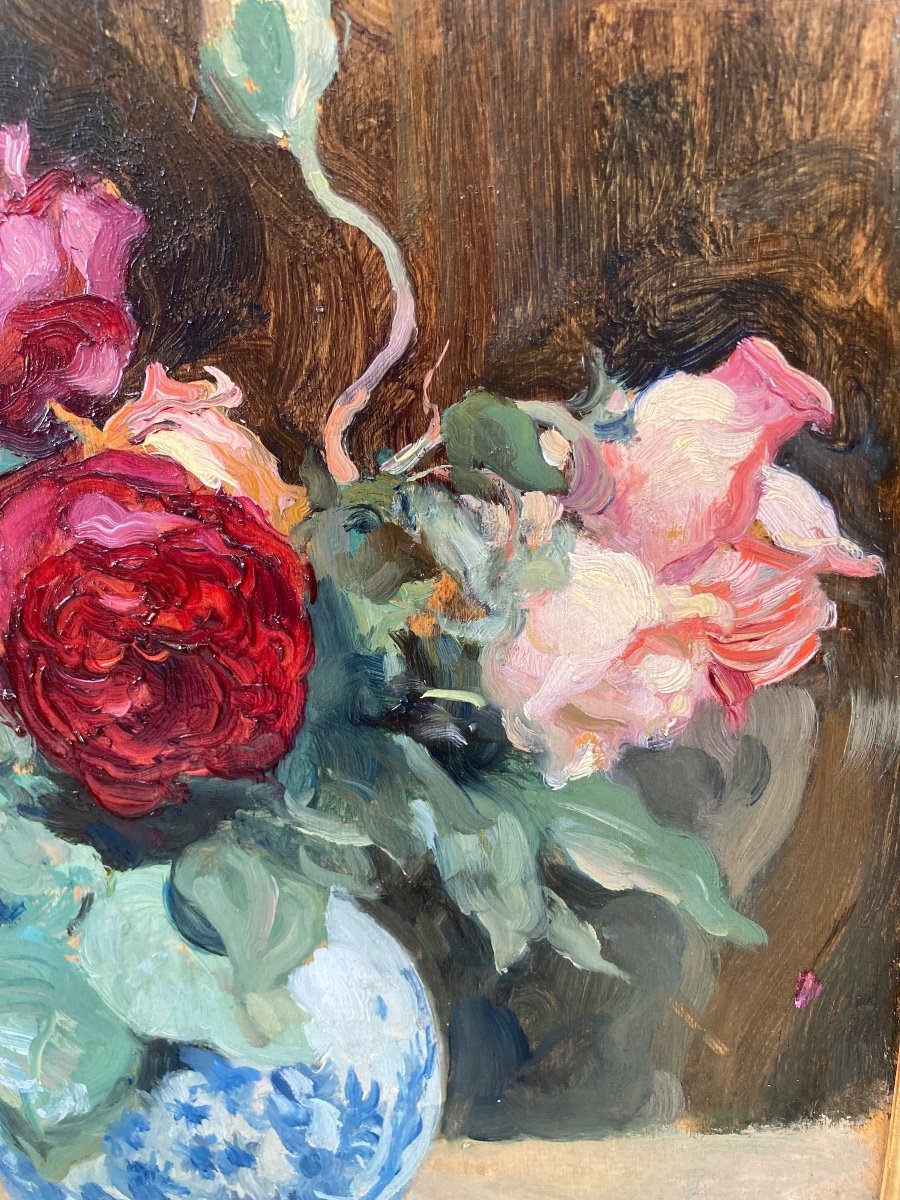 Paul Albert Laurens. Bouquet De Roses Dans Une Faïence De Delft.-photo-5