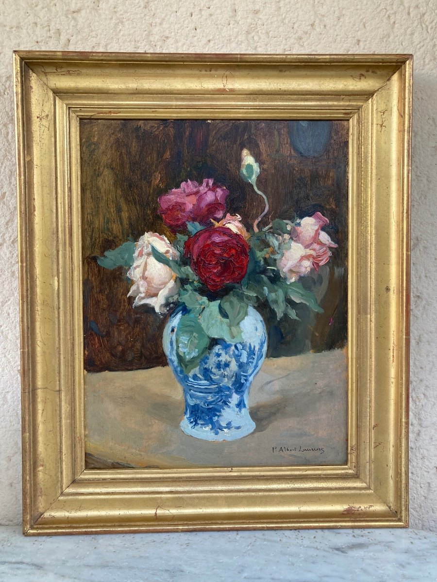 Paul Albert Laurens. Bouquet De Roses Dans Une Faïence De Delft.-photo-7