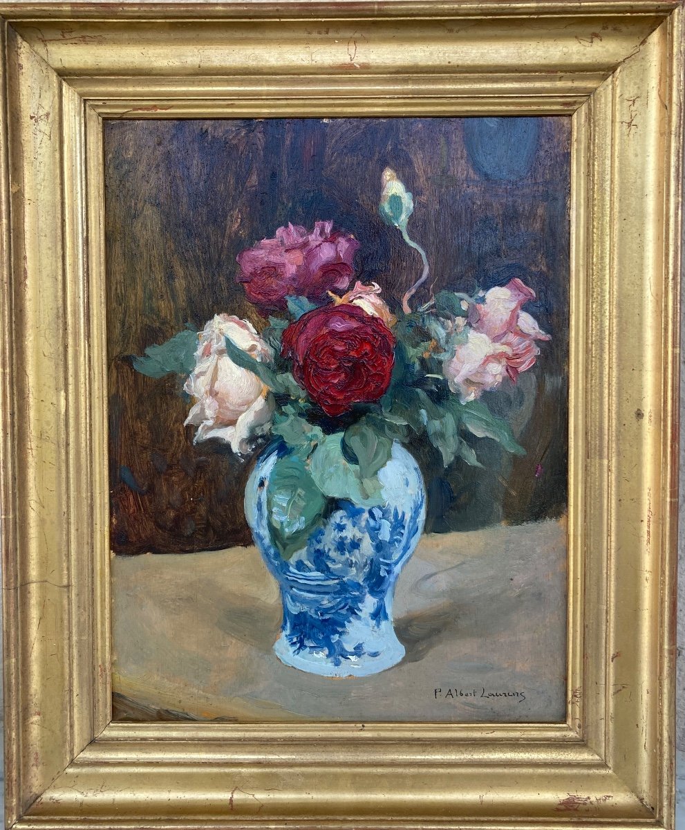 Paul Albert Laurens. Bouquet De Roses Dans Une Faïence De Delft.