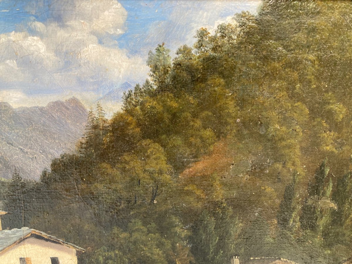 Village Et Pont . Paysage De Montagne  Vers 1840. Entourage De Lapito. Signature Illisible.-photo-4