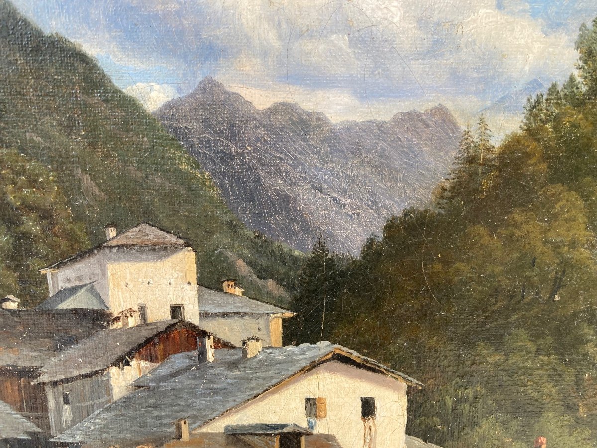 Village Et Pont . Paysage De Montagne  Vers 1840. Entourage De Lapito. Signature Illisible.-photo-1