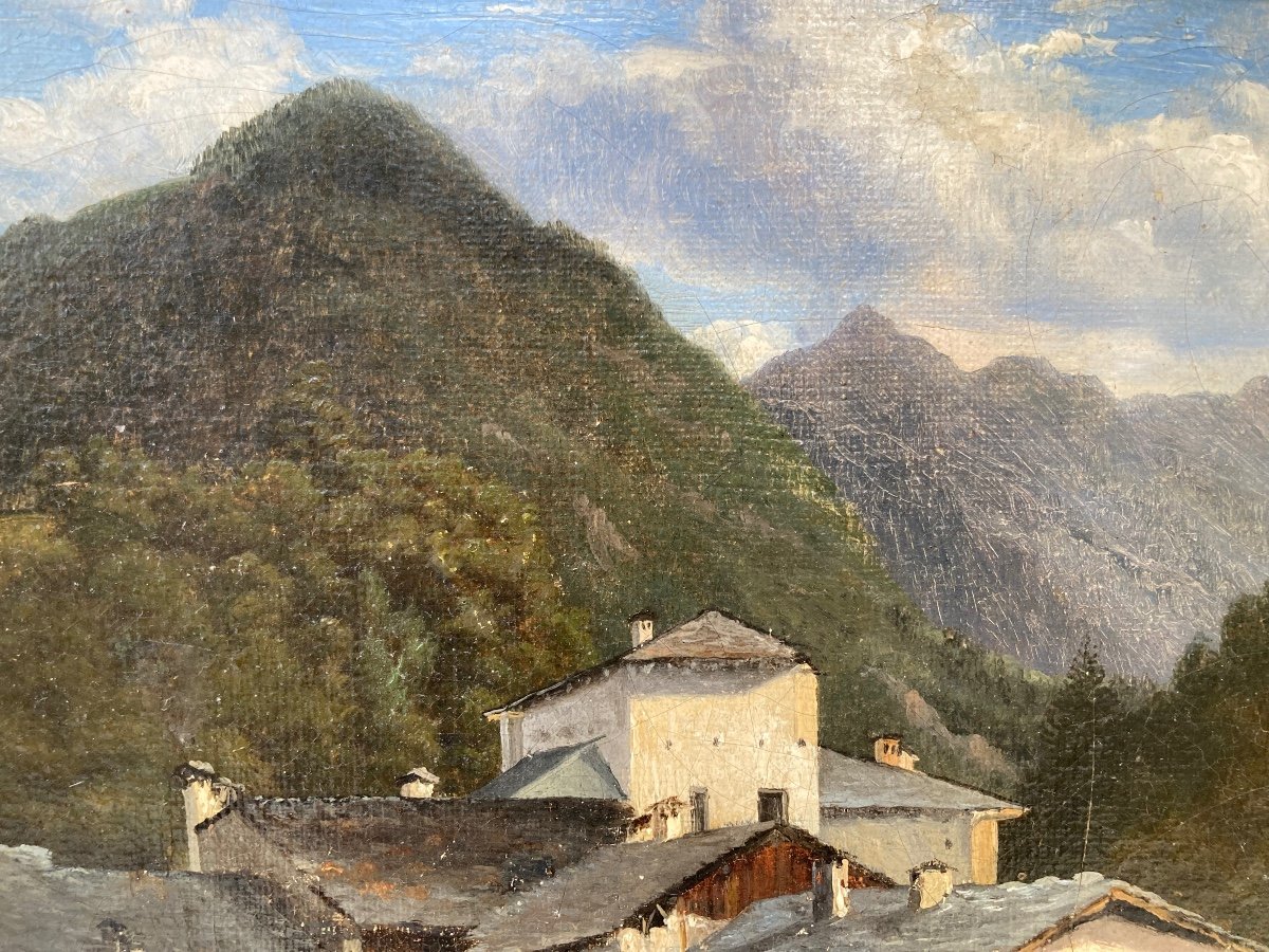 Village Et Pont . Paysage De Montagne  Vers 1840. Entourage De Lapito. Signature Illisible.-photo-2