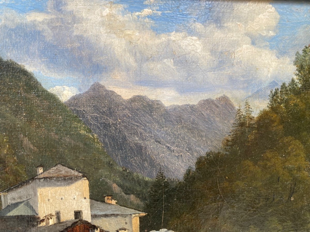 Village Et Pont . Paysage De Montagne  Vers 1840. Entourage De Lapito. Signature Illisible.-photo-3