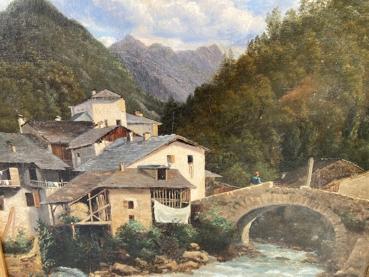 Village Et Pont . Paysage De Montagne  Vers 1840. Entourage De Lapito. Signature Illisible.-photo-5