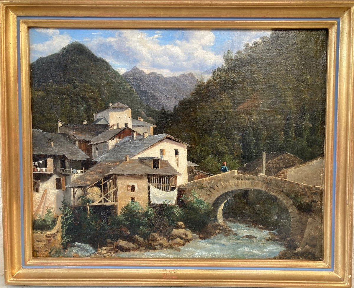 Village Et Pont . Paysage De Montagne  Vers 1840. Entourage De Lapito. Signature Illisible.