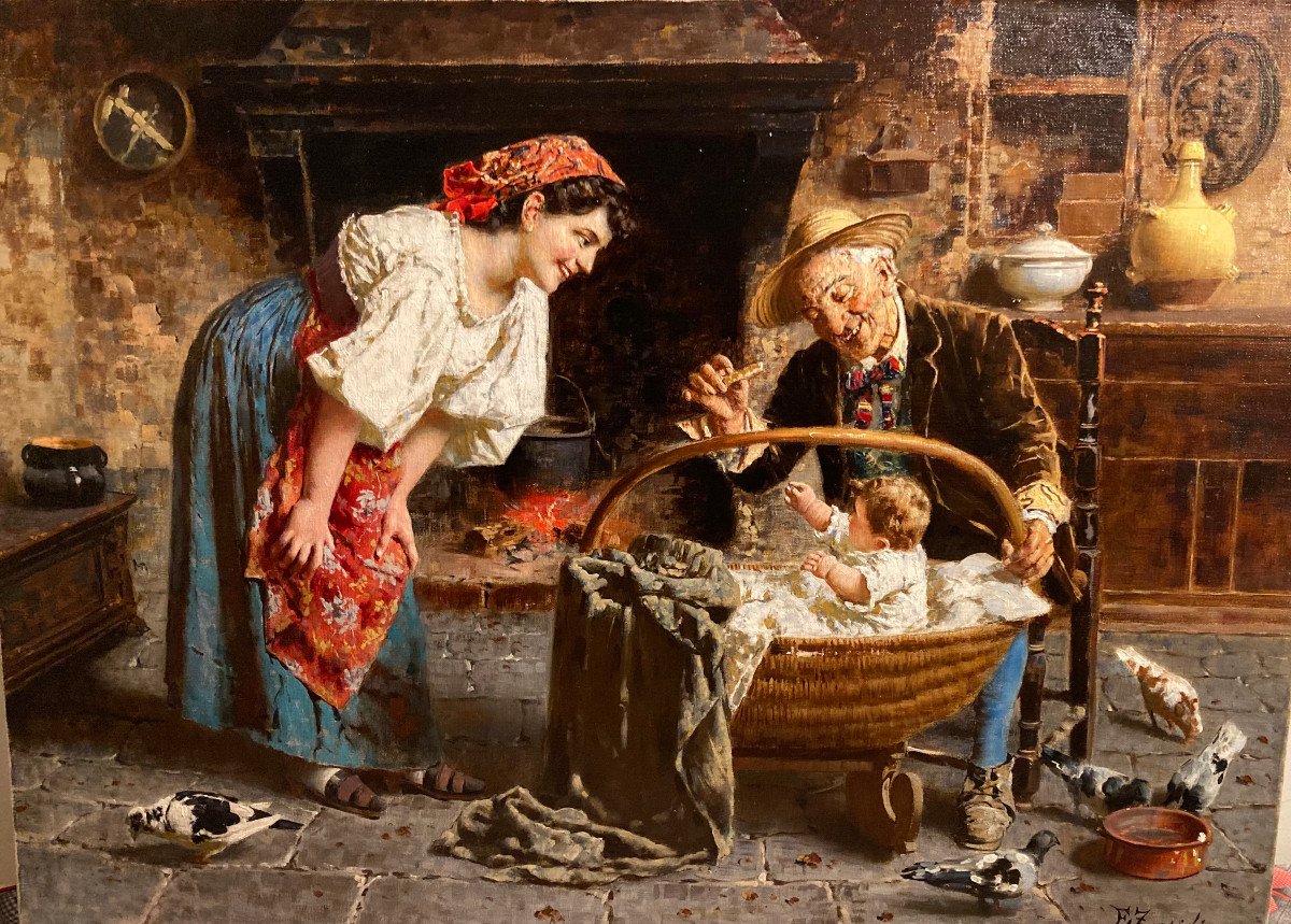 Eugénio Zampighi. Scène Familiale Dans Un Intérieur. Vers 1890. Signé.