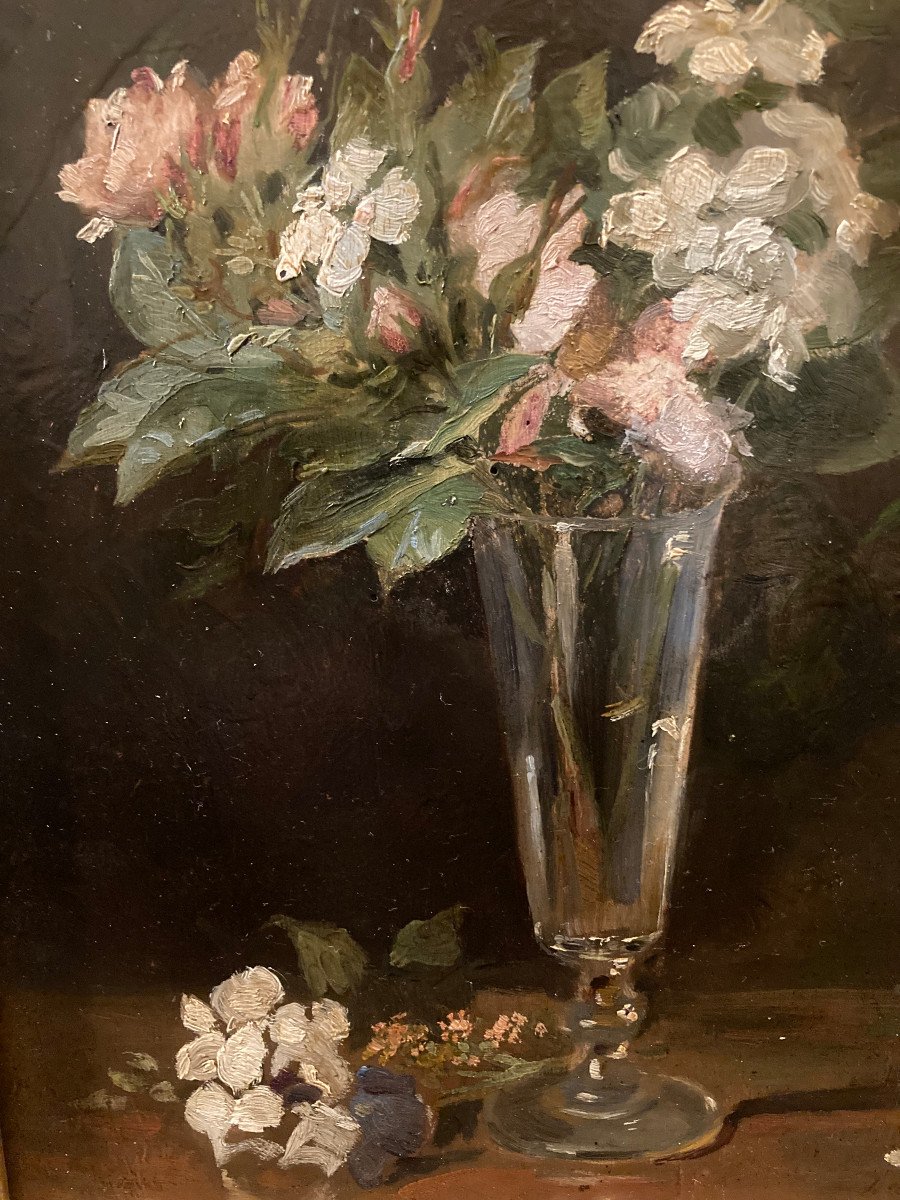 Lucien Penet. Fleurs Dans Un Verre Champenois. Fin XIXème.-photo-3