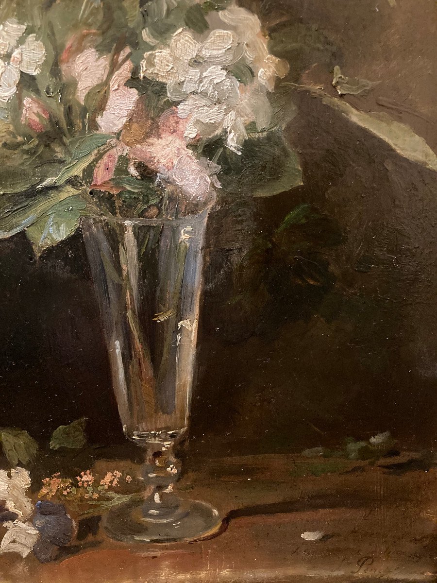 Lucien Penet. Fleurs Dans Un Verre Champenois. Fin XIXème.-photo-4