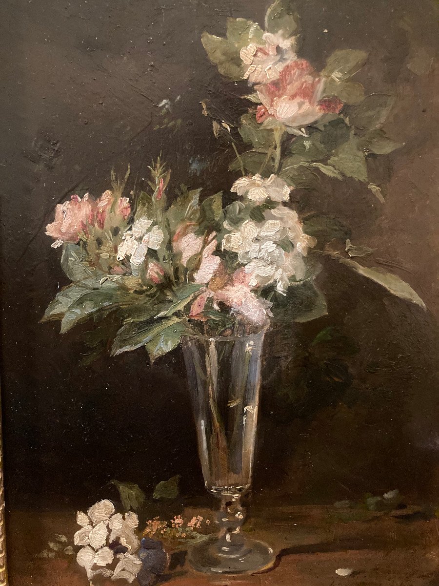 Lucien Penet. Fleurs Dans Un Verre Champenois. Fin XIXème.-photo-3